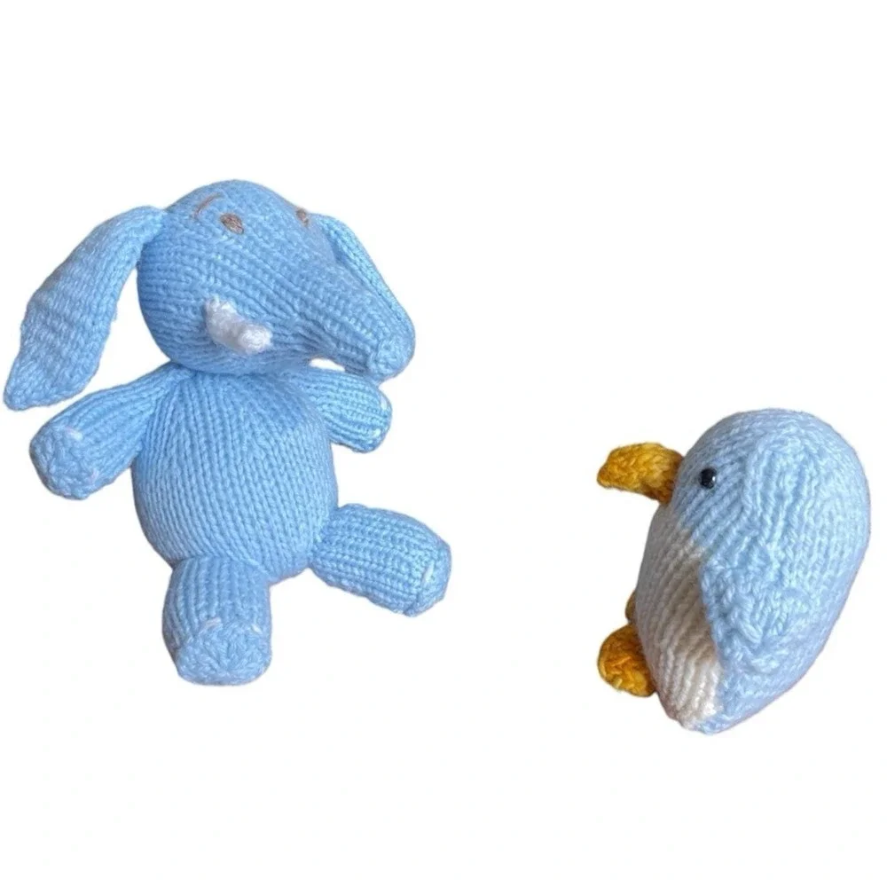 Handmade Elephant Penguin Knitted Blue Toys Small Stuffed Baby Animals Set of 2